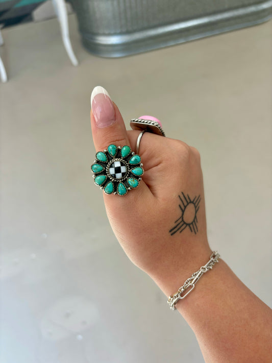 Genuine Turquoise Checkered Adjustable Ring