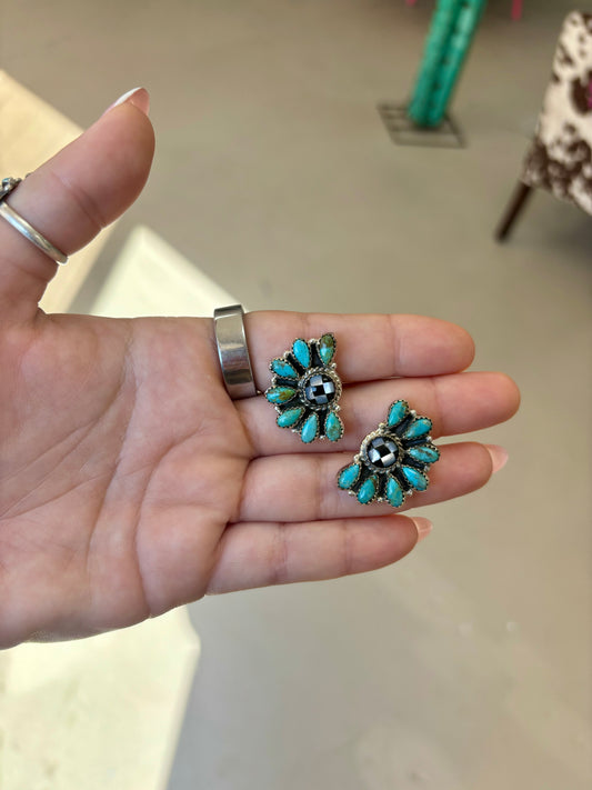 Genuine Turquoise Checkered Stud Earrings